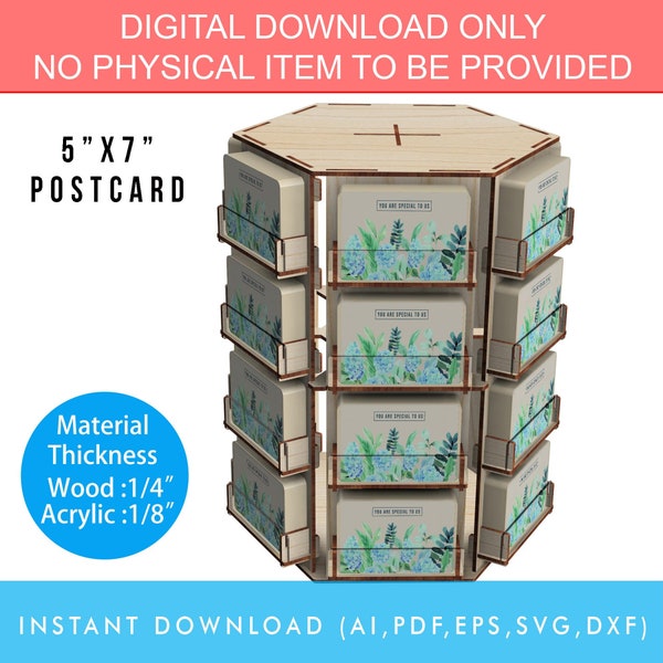 Laser cut files for 5R Photo 5"x7" Postcard Rotatable display stand, 6 Sided 24 Pockets Rotating Retail Display Rack Stand, SVG Ready