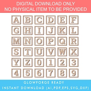 Puede incluir: Un conjunto de letras del alfabeto y números de madera, cada uno dentro de un marco cuadrado. Se muestran las letras A a X y los números 0 a 9. La imagen incluye el texto "SOLO DESCARGA DIGITAL" y "GLOWFORGE READY".