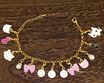 Princess-J Cat Lovers Pink Bow Removable Charms with Golden Bracelet for Teen Girls Women