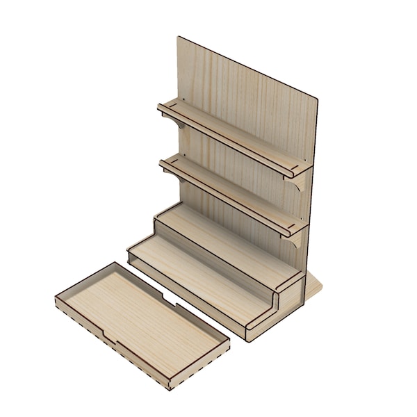 450x600mm 2 Tiers Shelf Product Display Stand with 2 Steps / one drawer vector file for laser cut, Glowforge SVG, for Jewelry Store Display