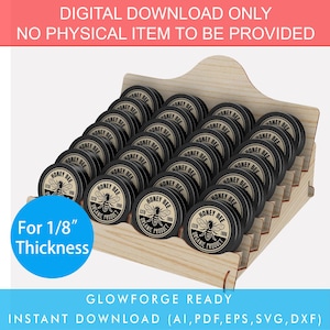 May include: A wooden display stand with 36 round containers for 1/8 inch thick products. The containers are black with a white label that says "Honey Bee" with a bee graphic. The stand is ready for Glowforge cutting.