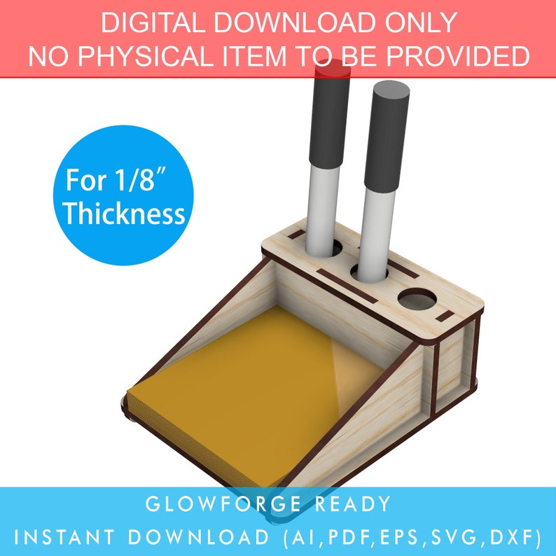 May include: A digital download design for a wooden desk organizer with a pen holder and a tray for notepads. The organizer is designed for 1/8 inch thick wood and is ready to be cut on a Glowforge.