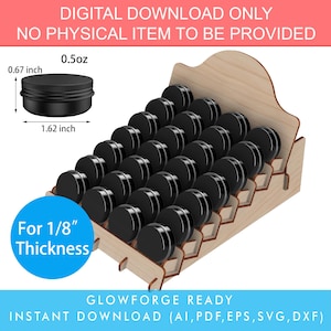 May include: A wooden display stand filled with small black containers. The containers are arranged in rows. The image includes measurements for a single container: 1.7 cm high and 4.1 cm wide. Text on the image says "For 1/8" Thickness".