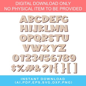 Fuente de grabado en madera Dino Delight Letras de madera A-Z, 0-9 y caracteres especiales Archivo Glowforge SVG, archivo de plantilla de corte láser Fuente Cricut Alfabeto divertido