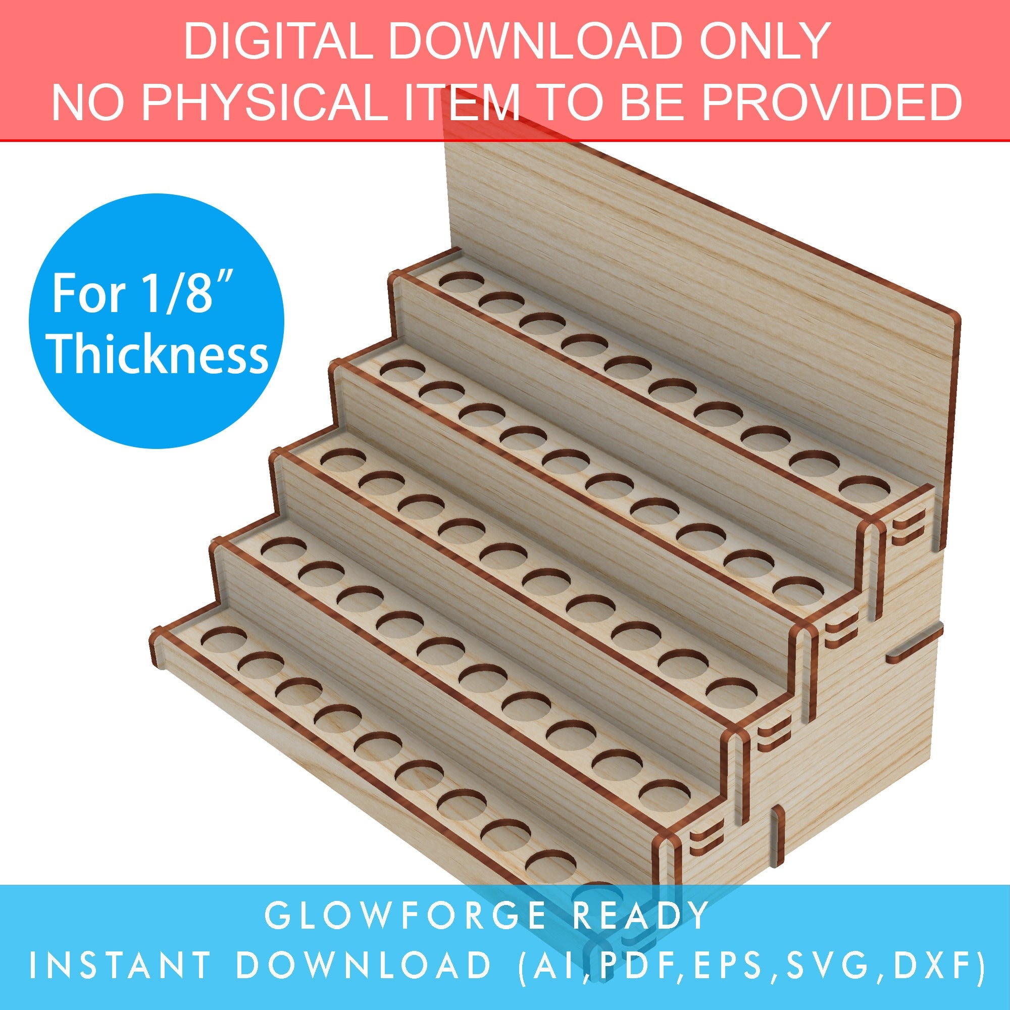 50 bottles, 5 Layer Essential Oil Display Stand Shelf Holder, Glowforge SVG file, Laser Cut File, SVG display stand, 1/8" Material Thickness