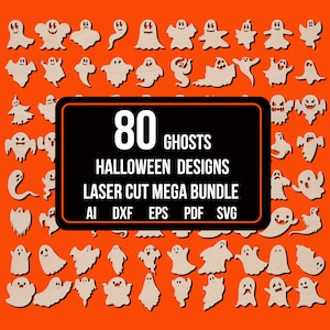 80 Designs of Halloween Ghosts Silhouettes, Halloween Decoration, Laser Cut Template Vector File, Halloween Sign, Glowforge Spooky SVG files