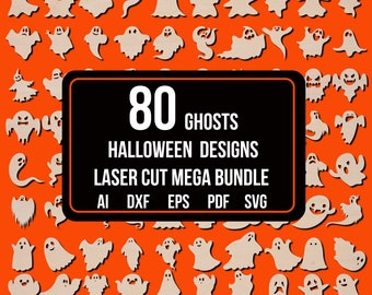 80 diseños de siluetas de fantasmas de Halloween, decoración de Halloween, archivo vectorial de plantilla de corte láser, signo de Halloween, archivos SVG espeluznantes de Glowforge