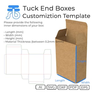 Puede incluir: Una plantilla de caja con solapa marrón con dimensiones etiquetadas. El texto dice "Tuck End Boxes Customization Template". La imagen incluye un diagrama de la disposición de la caja e instrucciones para las dimensiones internas: largo, ancho, alto y grosor del material.