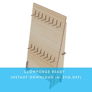 May include: A wooden jewelry display stand with hooks for hanging earrings or necklaces. The stand is made of light brown wood and has a simple design.  GLOWFORGE READY INSTANT DOWNLOAD (AI, SVG, DXF)