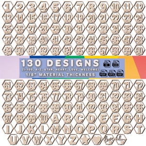 Fichier découpé au laser pour la signalisation de table hexagonale pour les mariages et les événements, 130 modèles de 1 à 100 et de A à Z plus 4 promotions, plaque numéro de table