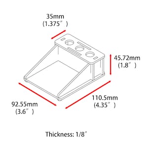 May include: A black and white line drawing of a wooden organizer with four compartments. The organizer is 4.35 inches wide, 3.6 inches deep, and 1.8 inches tall. The organizer is 1/8 inch thick.