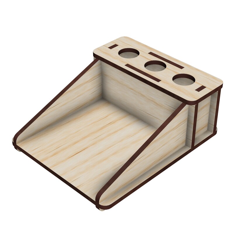 May include: Wooden desk organizer with a tray and four slots for pens or pencils. The organizer is made of light wood with a dark brown trim.