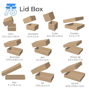 Puede incluir: Una variedad de cajas con tapa de cartón abiertas en diferentes tamaños, incluyendo Mini, Standard, Cube, Coaster, Business, Bar, Photo A6, Pen, Kit y A5 Gift. Las cajas se muestran con sus tapas abiertas. El texto "Lid Box" está en la parte superior.
