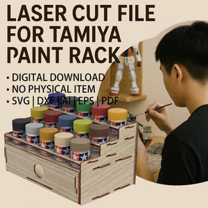 Laser Cut File for Tamiya Paint Rack SVG - 23ml Bottle Organizer, 3 Tier Storage with Drawer, Vector File for Glowforge or CNC