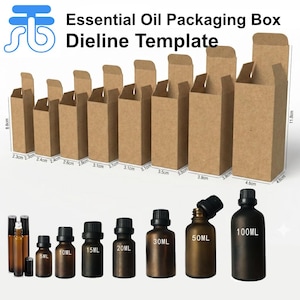 Op de afbeelding: Dieline sjabloon voor essentiële olie verpakkingen van kraftpapier. Inclusief bruine glazen flessen van 5 ml tot 100 ml. De dozen variëren van 2,3 cm tot 4,6 cm breed en 8,8 cm tot 11,8 cm hoog.
