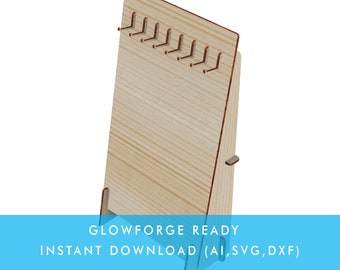 May include: A wooden jewelry stand with a light brown finish and 10 hooks. The stand is designed to be assembled and is ready to be cut on a Glowforge.