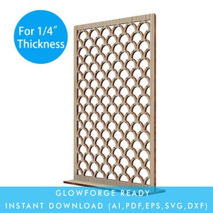 Könnte beinhalten: Ein digitaler Download eines Glowforge-fertigen Designs für einen dekorativen Holzschirm mit einem sich wiederholenden Muster aus überlappenden Halbkreisen. Das Design ist für 1/4 Zoll dickes Material. Die enthaltenen Dateiformate sind AI, PDF, EPS, SVG und DXF.