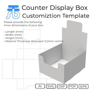 Puede incluir: Una plantilla blanca de personalización de caja expositora de mostrador con el texto "Counter Display Box Customization Template". La imagen incluye un diagrama de la caja y solicita dimensiones en milímetros, incluyendo largo, ancho, alto y grosor del material.