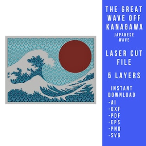 Japan Culture Japanese Wave layered Design for Laser Cut files, 5 Layers, Multilayer SVG Laser Cut Template, The Great Wave off Kanagawa