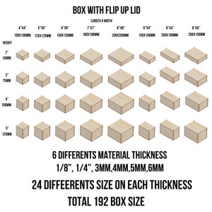 Totaal 192 verschillende opklapbare dekseldozen, bundel lasergesneden SVG-bestanden, 24 verschillende doosgroottes voor 1/8, 1/4, 3 mm, 4 mm, 5 mm en 6 mm materiaal