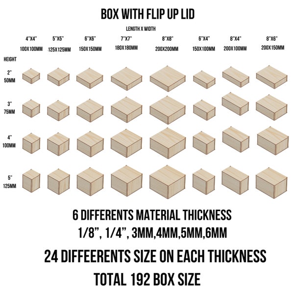 Total 192 different Flip Up Lid Boxes, Bundle Laser Cut Svg Files,  24 Different Box Size for 1/8, 1/4, 3mm, 4mm,5mm and 6mm Material