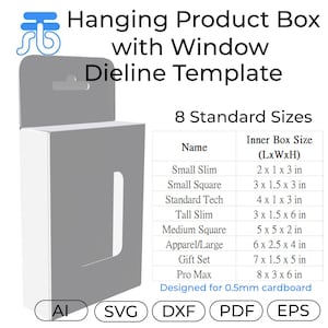 May include: A white hanging product box dieline template with a window. The image includes a table with 8 standard sizes, including inner box dimensions in inches. The design is for 0.5mm cardboard and is available in AI, SVG, DXF, PDF, and EPS formats.