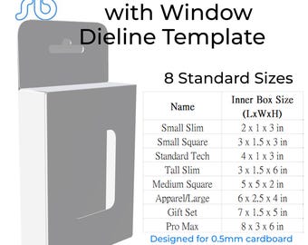 Hanging Product Box Dieline Templates | Set of 8 Sizes | Box with Window SVG, PDF, DXF | Packaging Design Template | Retail Display Box Set