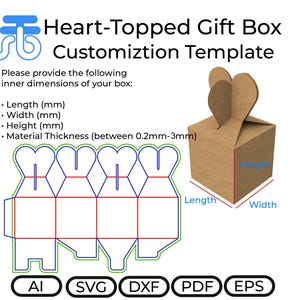 Puede incluir: Una plantilla de personalización de caja de regalo marrón con forma de corazón con dimensiones etiquetadas. La plantilla incluye un diseño de caja plano y desplegado con solapas superiores en forma de corazón. El texto incluye "Longitud (mm), Ancho (mm), Altura (mm)" e iconos de tipo de archivo.