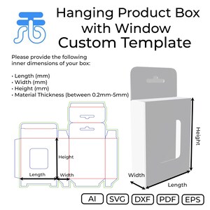 Puede incluir: Un diagrama y una representación 3D de una caja de producto colgante con ventana. El texto dice "Hanging Product Box with Window Custom Template". El diagrama muestra las dimensiones de la caja: largo, ancho y alto en milímetros. Formatos de archivo: AI, SVG, DXF, PDF y EPS.