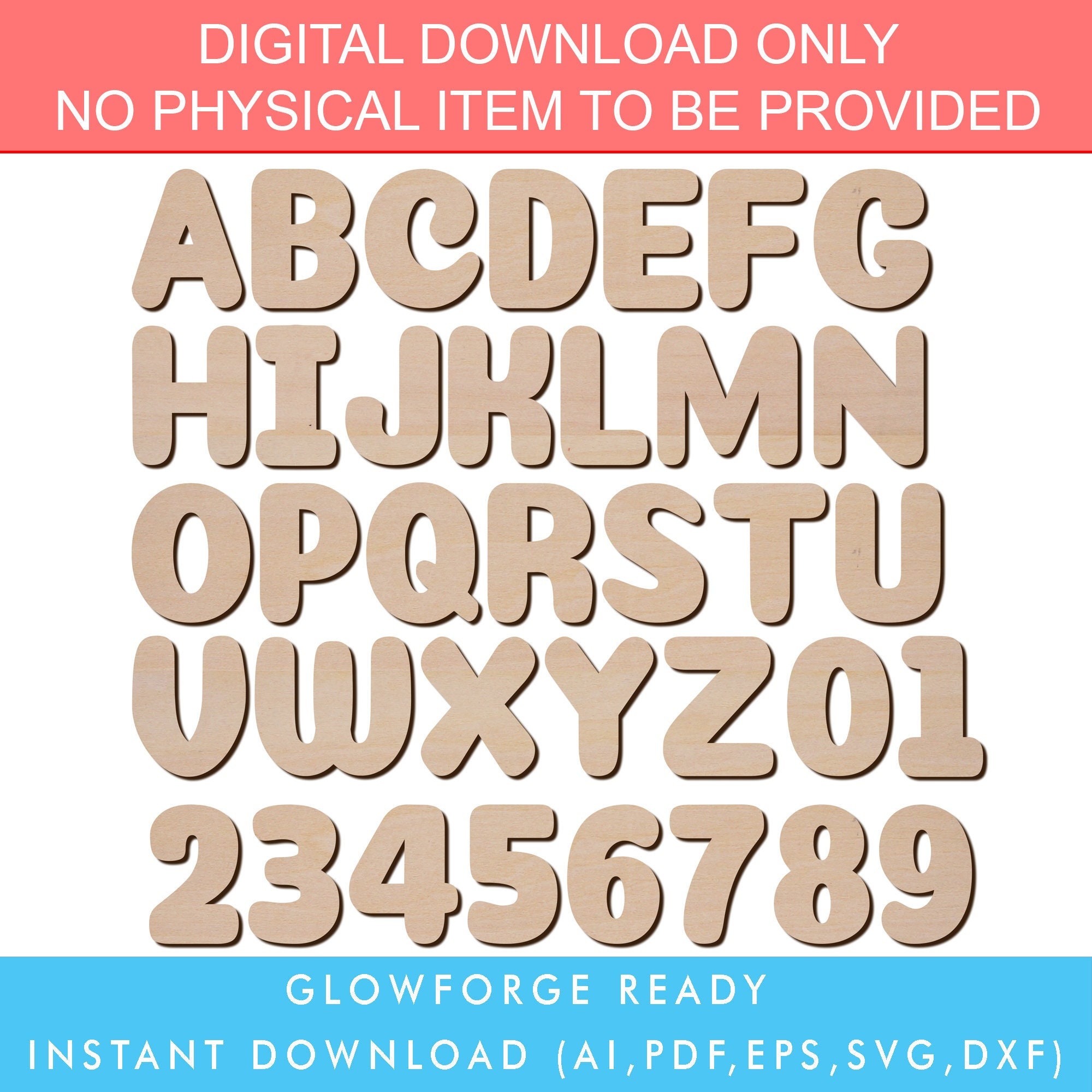 Cute Lettering Alphabet Font Wooden Letter A-Z, 0-9 Glowforge File