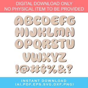 Fuente de xilografía divertida Letras de madera A-Z y caracteres especiales Archivo Glowforge SVG, archivo de plantilla de corte láser Fuente Cricut SVG Alfabeto divertido