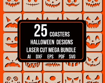 25 Designs of Halloween Coasters SVG, Halloween Decoration, Laser Cut Template Vector File, Halloween Sign, Glowforge Ghost Face SVG files