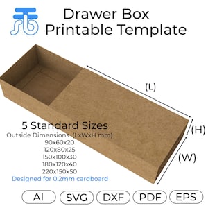 Può includere: Un modello di scatola a cassetto in cartone marrone con la scritta "Drawer Box Printable Template". L'immagine mostra la scatola aperta, con dimensioni e opzioni di tipo di file. La scatola ha cinque dimensioni standard, tra cui 90x60x20mm.