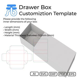 Puede incluir: Una plantilla blanca de personalización de caja de cajón con el texto "Drawer Box Customization Template". La imagen incluye un diagrama de una caja y sus dimensiones en milímetros. Los formatos de archivo incluyen AI, SVG, DXF, PDF y EPS.
