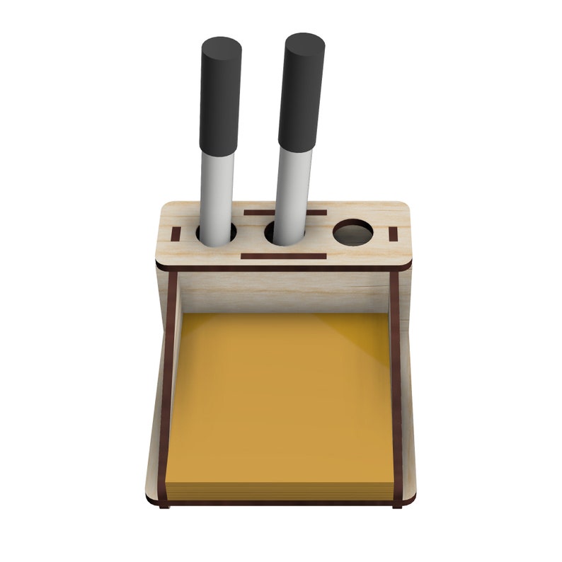 May include: Wooden desk organizer with two black pens and a yellow notepad.