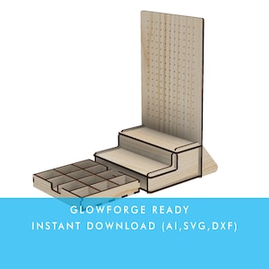 Pegboard Style Earring Display Stand with 2 Steps display platform and 12 grid drawer vector file for laser cut, Glowforge Ready to Cut