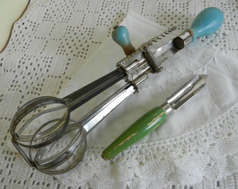 Antique Baking Utensil Set for Display.  Country Kitchen Egg Beater, Apple Peeler. 1920's and 1930's.