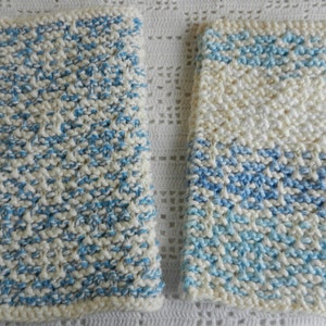 Knitted Spa/Face Cloths.  Extra Thick.  Variegated Shades of Blue, Cream and White.  Set of Two (2) Cloths.