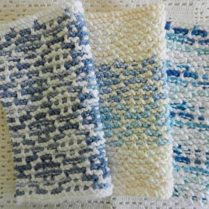 Knitted Spa/Face Cloths.  Extra Thick.  Variegated Shades of Blue, Cream and White. Set of Three (3) Cloths.
