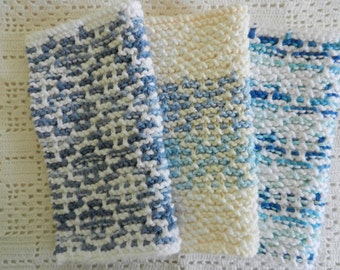 Knitted Spa/Face Cloths.  Extra Thick.  Variegated Shades of Blue, Cream and White. Set of Three (3) Cloths.
