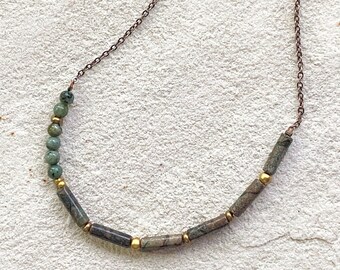 Beaded gemstone necklace with African turquoise semiprecious beads, on antique copper plated chain, handmade in Sydney Australia
