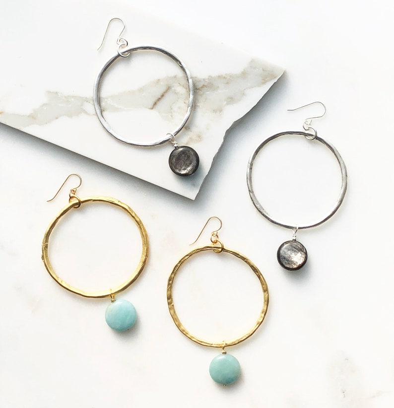 Silver Hoop /& Gemstone Earrings with Green Blue Amazonite and Sterling Silver Ear hooks