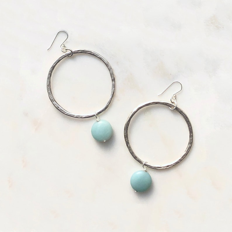 Silver Hoop /& Gemstone Earrings with Green Blue Amazonite and Sterling Silver Ear hooks