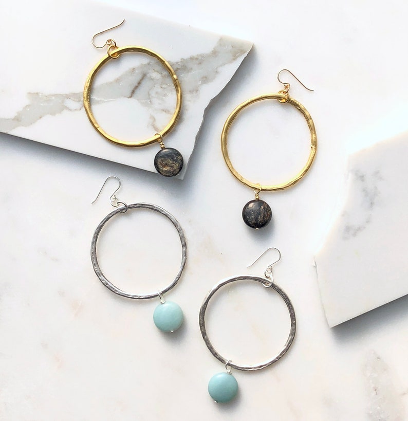 Silver Hoop /& Gemstone Earrings with Green Blue Amazonite and Sterling Silver Ear hooks