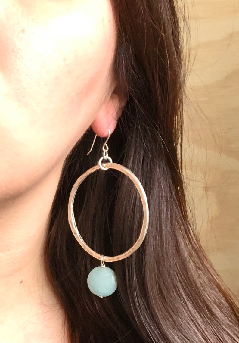 Silver Hoop /& Gemstone Earrings with Green Blue Amazonite and Sterling Silver Ear hooks