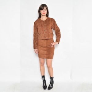 Vintage 80&#39;s Two Piece Suede Leather Jacket And Skirt Suit -  Size Extra Small