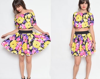 Vintage 90's Two Piece Floral Set / Off The Shoulder Top And Full Skirt Set / Crop Top And Skirt Matching Set - Size Extra Small