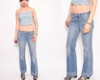 Vintage 90's Blue Denim Flared Jeans / Low Waist Frayed Jeans / Bell Bottom Blue Jeans - Size Small