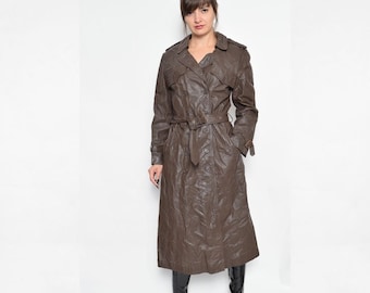 Vintage 70s Brown Leather Trench Coat - Size Medium