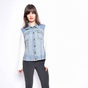 Vintage 90s Blue Denim Jacket with Knit Sleeves - Size Large